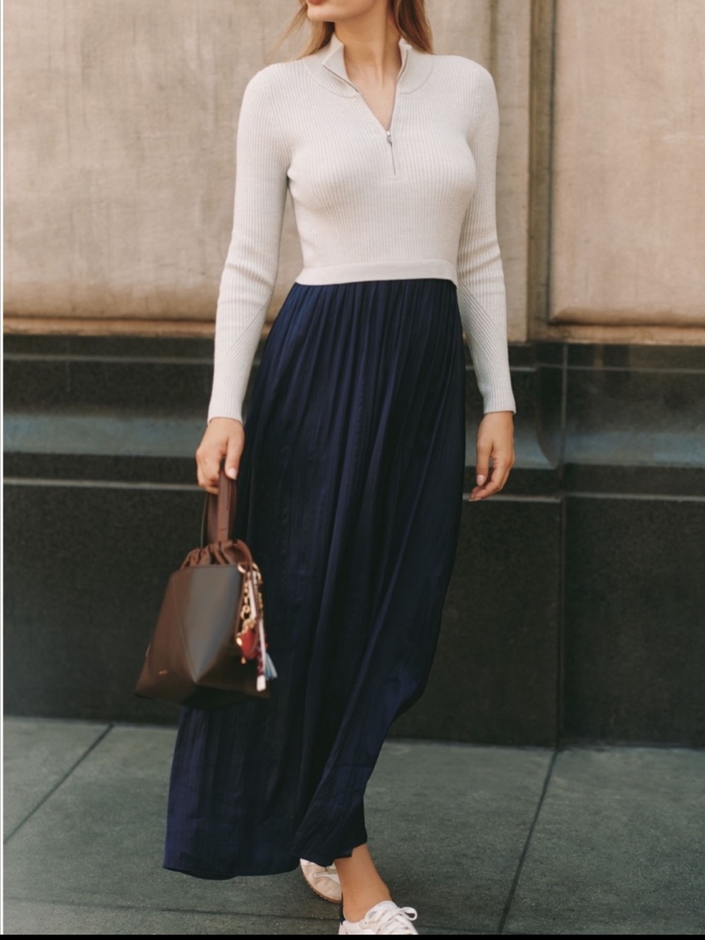 Anthropologie Long Sleeve Half Zip Maxi Dress Thea Twofer New Medium Blue Grey
